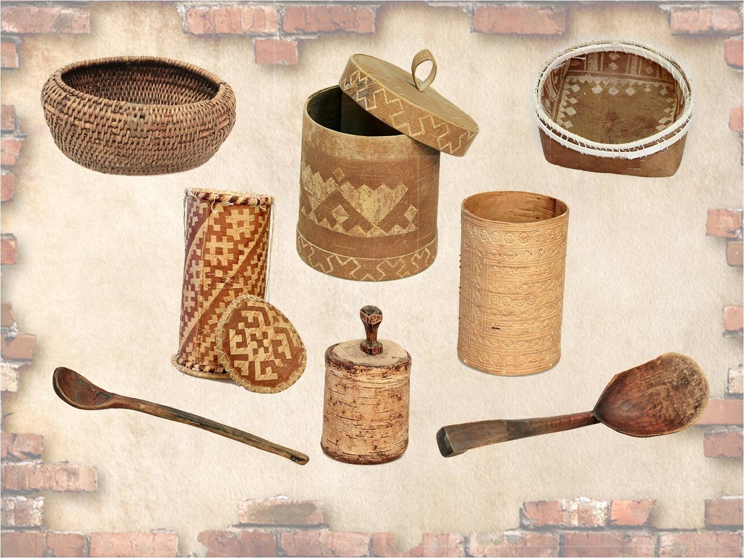 Традиционное предметы быта. Якутская берестяная посуда. Старинная утварь. Предметы быта. Национальные предметы быта.
